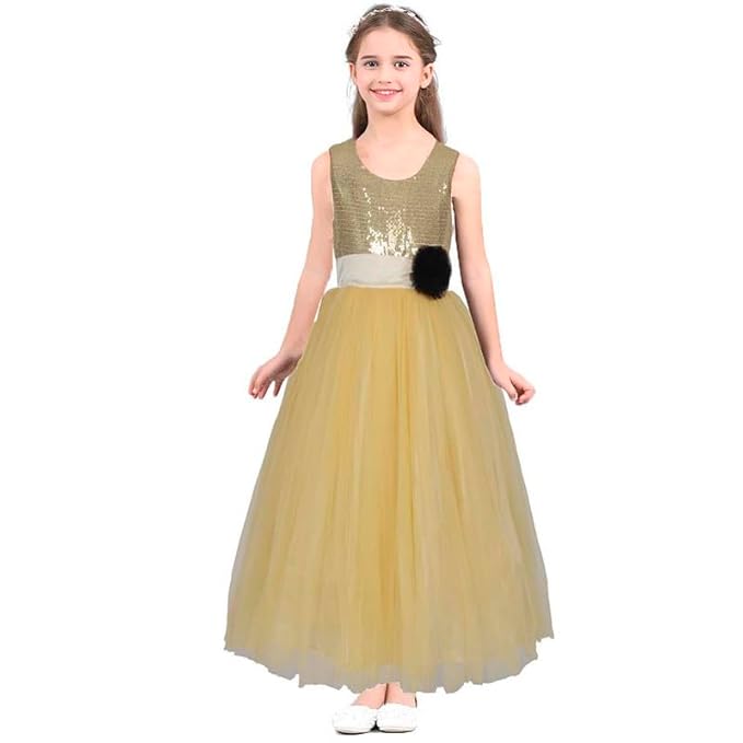 RUMY FASHION Baby Girls Polyester Sleeveless Sequin Applique Gowns in Golden Color (RF_012_Kidswear)