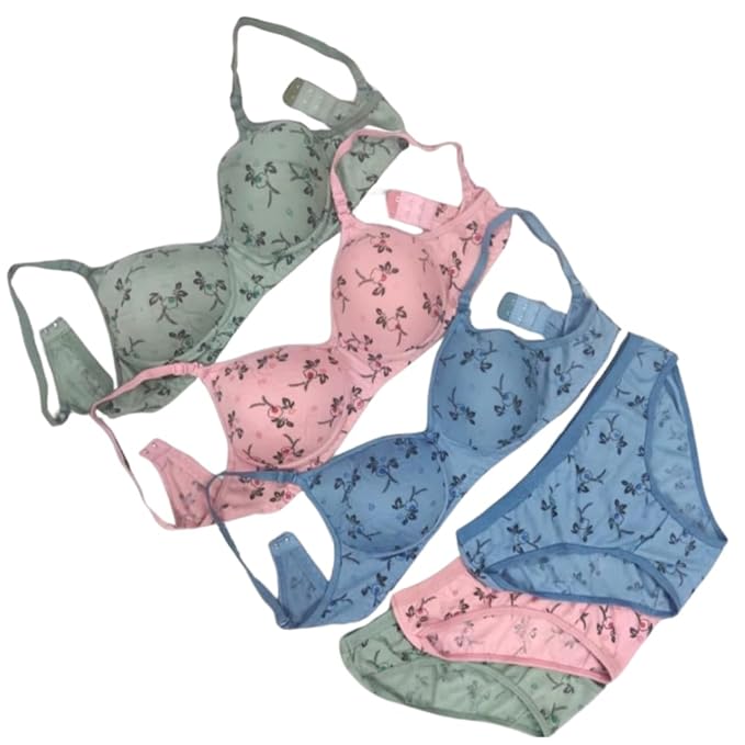 LUZWE Cotton Printed Padded Bra & Panty Set for Women Lingerie Set Multi Combo Pack of 3
