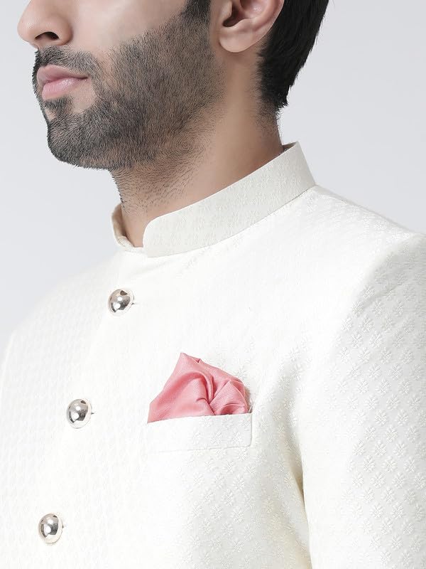 KISAH Men's Indo-Western Sherwani, Red Silk Blend, Solid Regular Fit Mandarin Collar Long Sleeves - Image 2