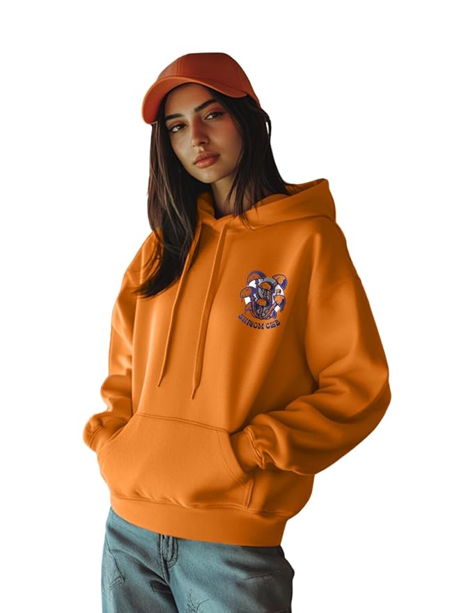JUNEBERRY® Cotton Poly Fleece Oversized Fit Black, Green, Magenta, Mustard, Orange, Purple, Blue, Off White & Grey Graphic Printed Full Sleeve Hoodie for Women