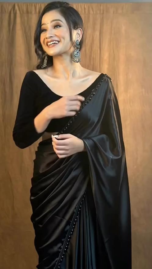 SATAZ Women's Ready to Wear Black Satin Silk 1 Minute Pre Pleated Heavy Saree With Hand Work Lace - Image 3