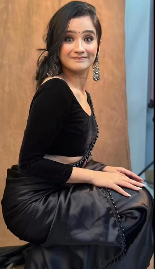 SATAZ Women's Ready to Wear Black Satin Silk 1 Minute Pre Pleated Heavy Saree With Hand Work Lace - Image 6