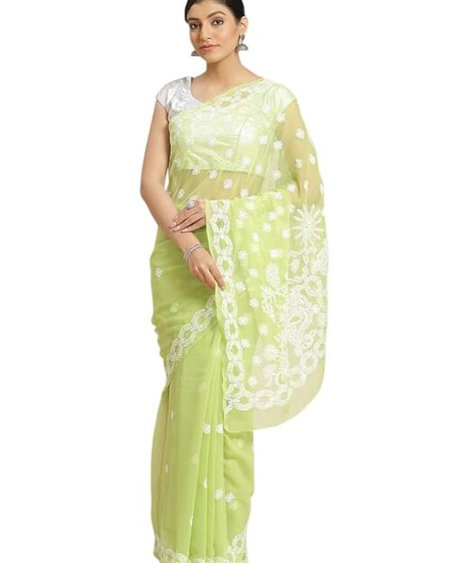 Ada Women Faux Georgette Hand Embroidered Lucknowi Chikankari Georgette Saree With Unstitched Blouse Piece A444221