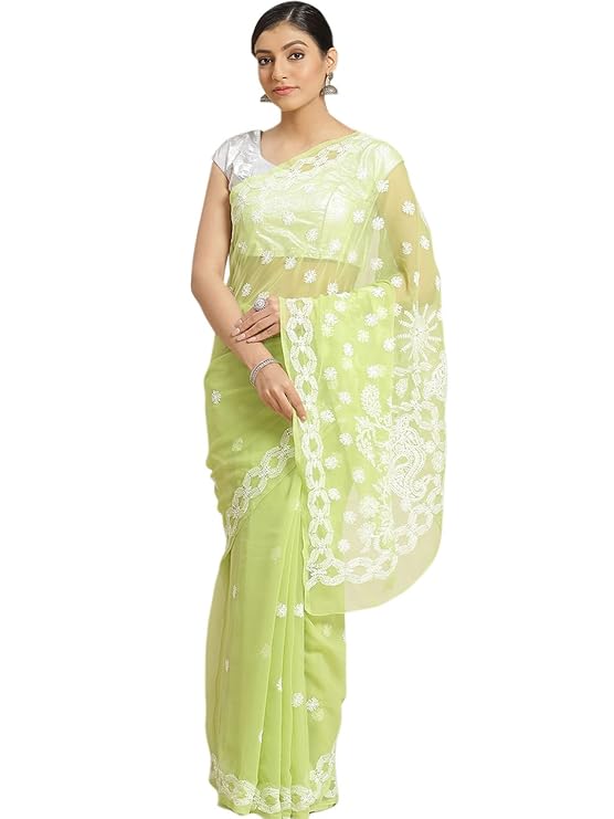 Ada Women Faux Georgette Hand Embroidered Lucknowi Chikankari Georgette Saree With Unstitched Blouse Piece A444221