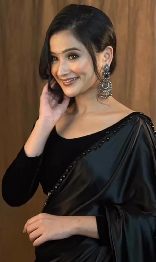 SATAZ Women's Ready to Wear Black Satin Silk 1 Minute Pre Pleated Heavy Saree With Hand Work Lace - Image 4