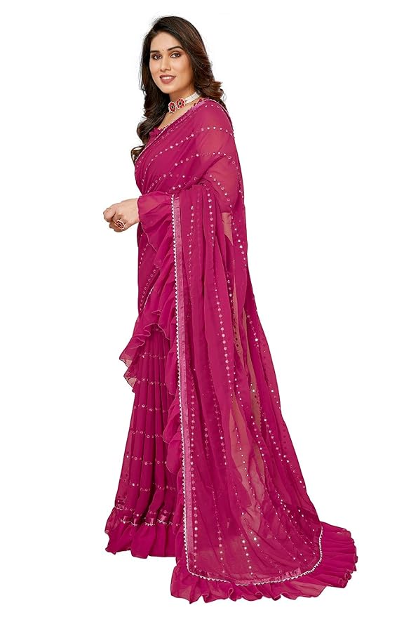 RAJESHWAR FASHION WITH RF Women's Ruffles Georgette Sarees For Women With Lace & Solid Blouse(Jacket Saree) - Image 5
