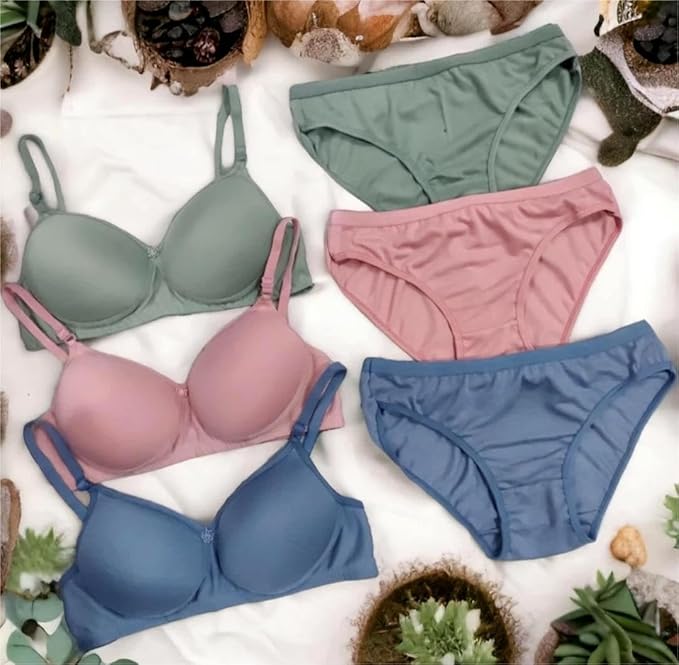 LUZWE Cotton Padded Bra & Panty Set for Women Lingerie Set Multi Combo Pack of 3