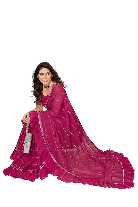 RAJESHWAR FASHION WITH RF Women's Ruffles Georgette Sarees For Women With Lace & Solid Blouse(Jacket Saree) - Image 3