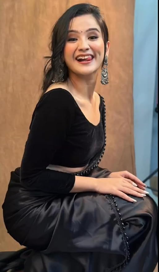 SATAZ Women's Ready to Wear Black Satin Silk 1 Minute Pre Pleated Heavy Saree With Hand Work Lace - Image 7