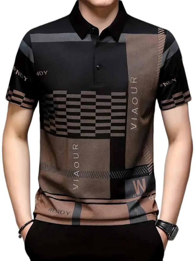 Men's Irregular Geometric Pattern and Alphabet Print Sports Collar Tshirt (Rizim Temu Print Polo-Black)