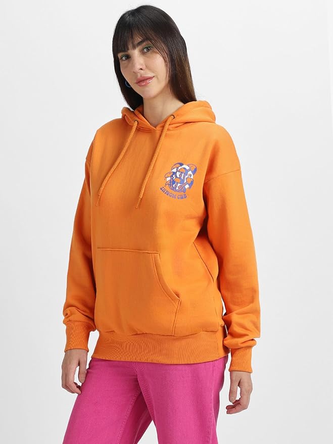 JUNEBERRY® Cotton Poly Fleece Oversized Fit Black, Green, Magenta, Mustard, Orange, Purple, Blue, Off White & Grey Graphic Printed Full Sleeve Hoodie for Women - Image 3