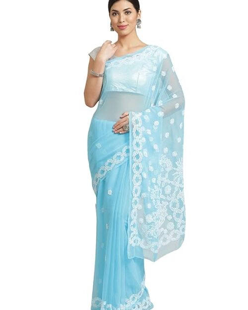 Ada Women Faux Georgette Hand Embroidered Lucknowi Chikankari Georgette Saree With Unstitched Blouse Piece A444221