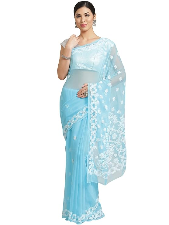 Ada Women Faux Georgette Hand Embroidered Lucknowi Chikankari Georgette Saree With Unstitched Blouse Piece A444221