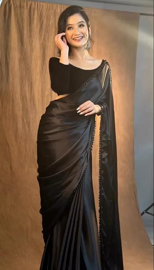 SATAZ Women's Ready to Wear Black Satin Silk 1 Minute Pre Pleated Heavy Saree With Hand Work Lace - Image 2