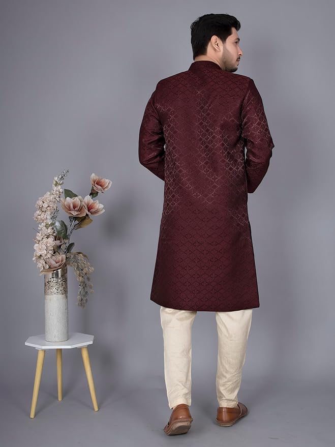 XEPON Men's Jacquard Full Sleeve Knee Length Indo Western Sherwani With Pajama Set - Image 4