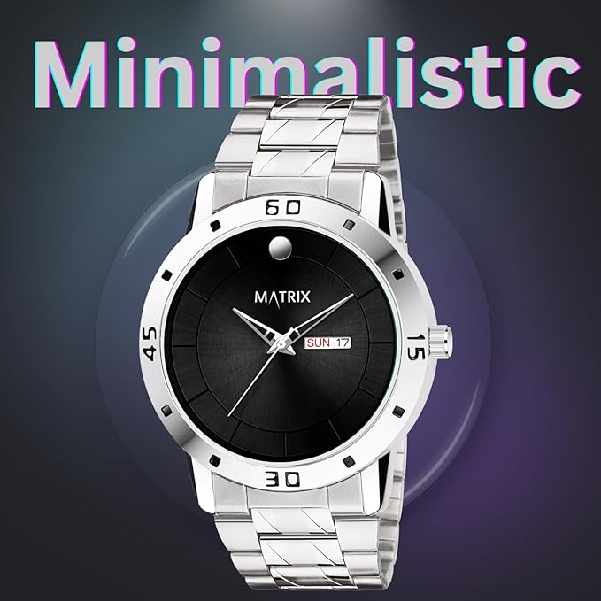 Matrix Minimalistic Blue, Black & Teal Dial, Day & Date Functioning, Stainless Steel Strap Analog Watch for Men & Women - Image 3