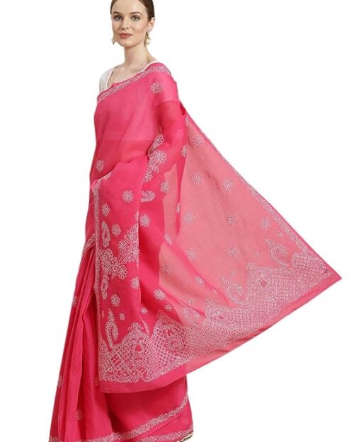 Ada Handcrafted Lucknowi Chikan Pure Cotton Saree with Unstitched Blouse for Women A311155 Magenta