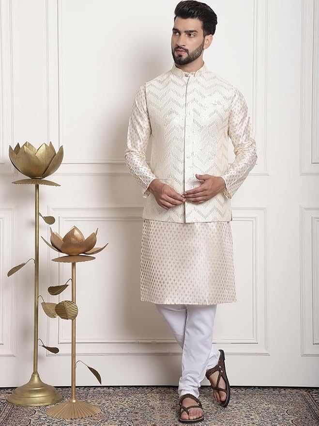 SOJANYA (Since 1958 Men's Silk Blend, Gold Sequence Embroidered Nehru Jacket - Image 4