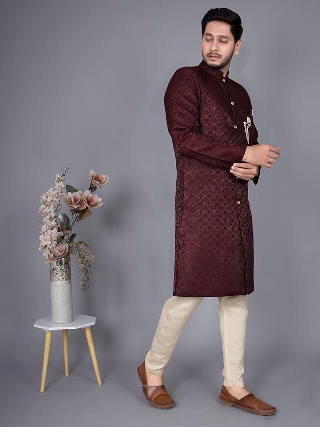 XEPON Men's Jacquard Full Sleeve Knee Length Indo Western Sherwani With Pajama Set - Image 3