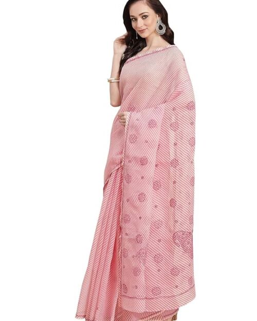 Ada Hand Embroidered Lucknowi Chikan Women's Kota Saree with Unstitched Blouse Piece A311349 Pink