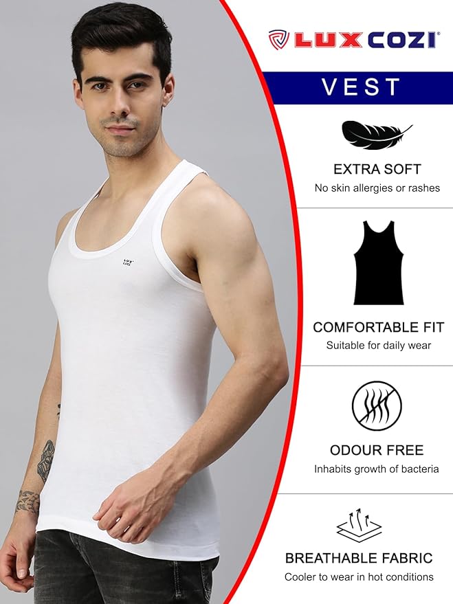 Lux Cozi Men's White Round Neck Sleeveless Cotton Vest (Pack of 3) - Image 3