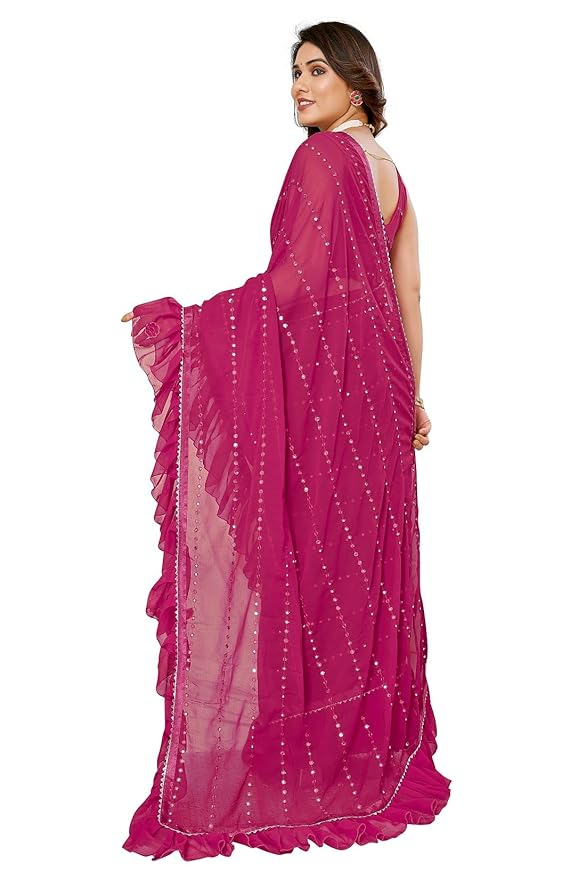 RAJESHWAR FASHION WITH RF Women's Ruffles Georgette Sarees For Women With Lace & Solid Blouse(Jacket Saree) - Image 4