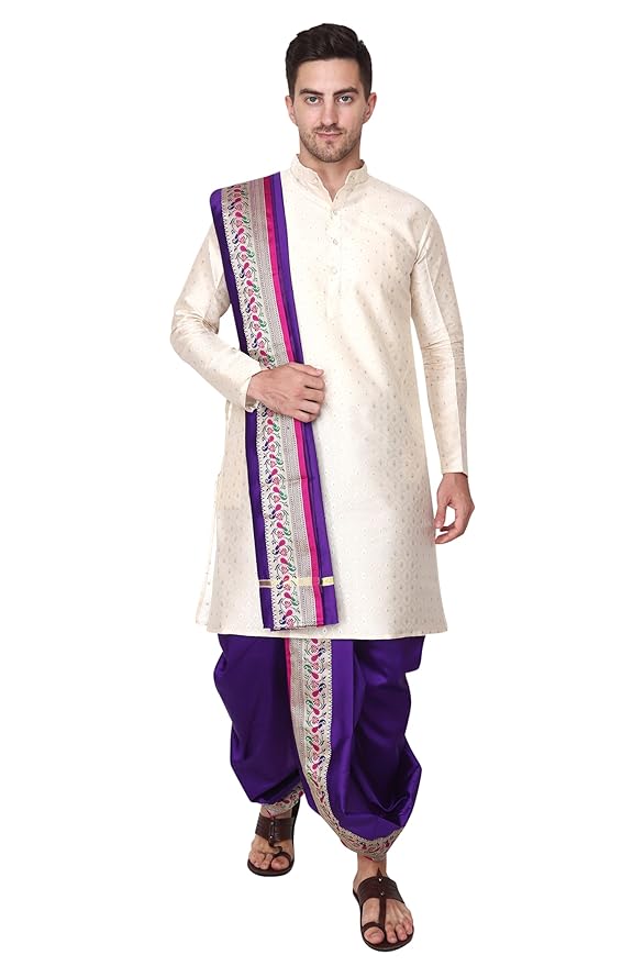 Rameshwaram Fabrics Cotton Silk Dhoti Kurta Set for Men with Stole, 3 Piece Set