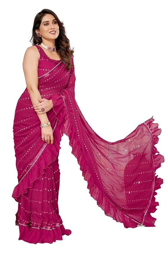 RAJESHWAR FASHION WITH RF Women's Ruffles Georgette Sarees For Women With Lace & Solid Blouse(Jacket Saree) - Image 6