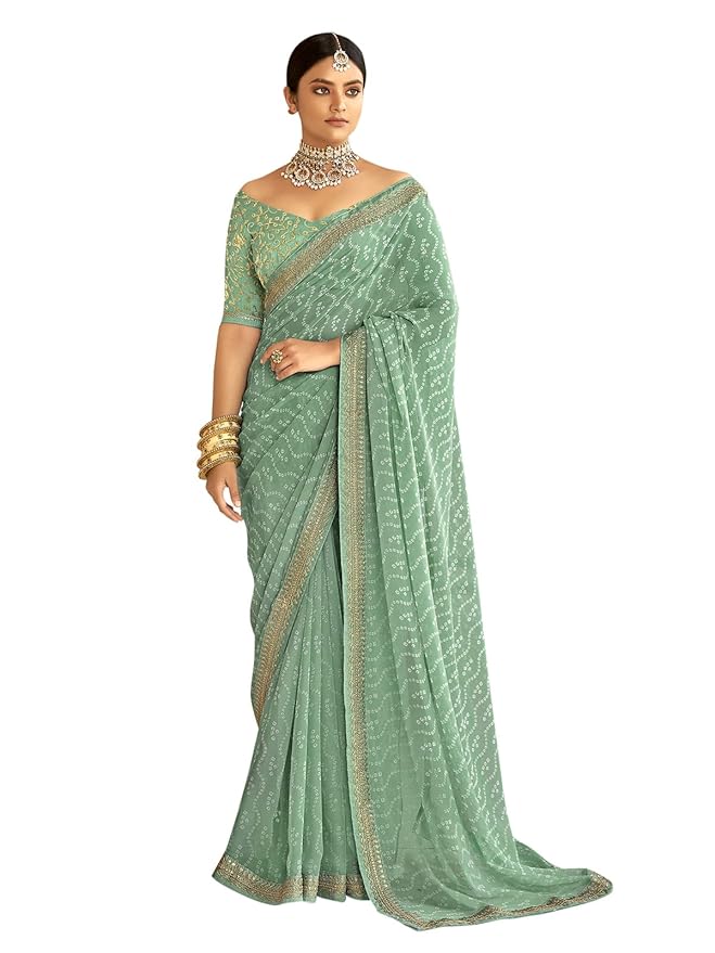 SIRIL Women's Bandhani Printed Embroidery Lace Georgette Saree with Unstitched Blouse Piece