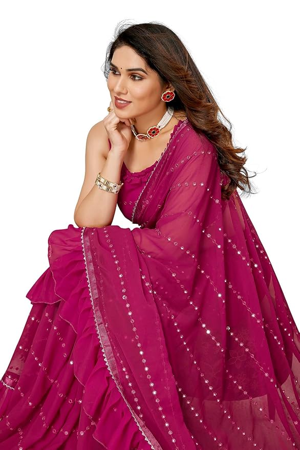 RAJESHWAR FASHION WITH RF Women's Ruffles Georgette Sarees For Women With Lace & Solid Blouse(Jacket Saree) - Image 2