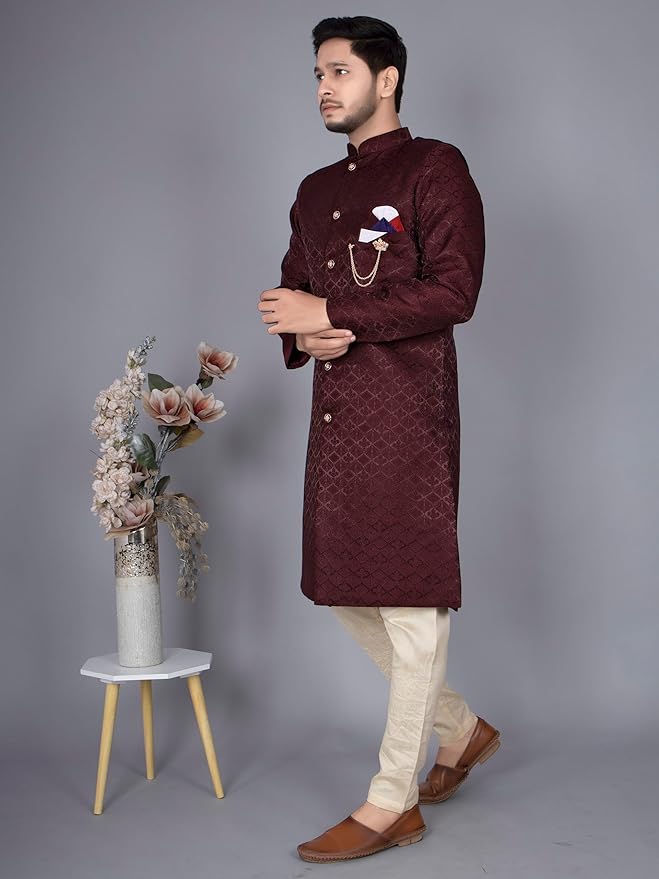 XEPON Men's Jacquard Full Sleeve Knee Length Indo Western Sherwani With Pajama Set - Image 2