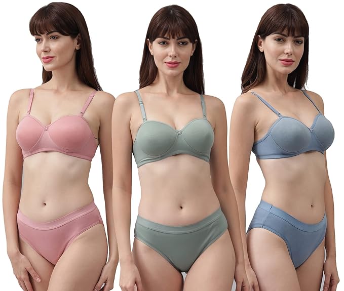 CSU Women's Cotton Half Padded Non Wired Bra and Panty Set (Pack of 3)