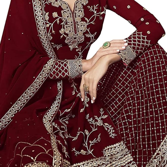 Miss Ethnik Women's Faux Georgette Semi Stitched Top With Stitched Faux Georgette Bottom and Faux Georgette Dupatta Embroidered Straight Kurta Dress Material (Kurta Palazzo Set) - Image 4