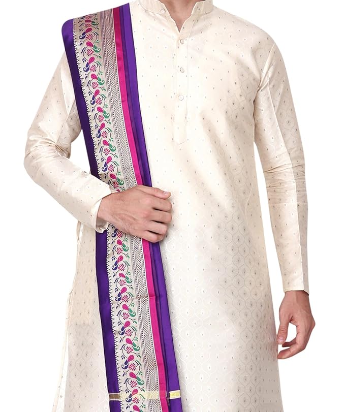 Rameshwaram Fabrics Cotton Silk Dhoti Kurta Set for Men with Stole, 3 Piece Set - Image 6