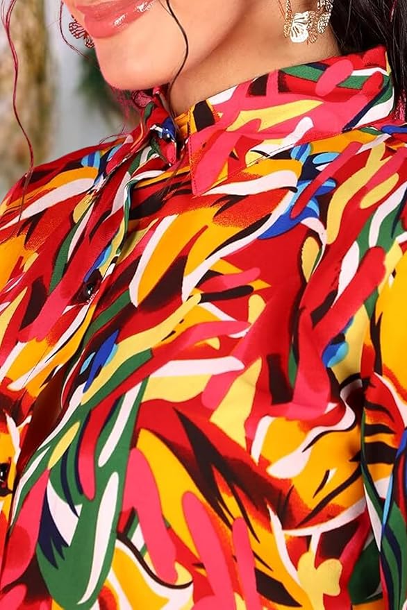 POPWINGS Women Casual Red Leaf Printed Half Sleeve Shirt | Women Shirts | Women Trendy Shirts | Women Leaf Print Shirts | Women Shirts - Image 3