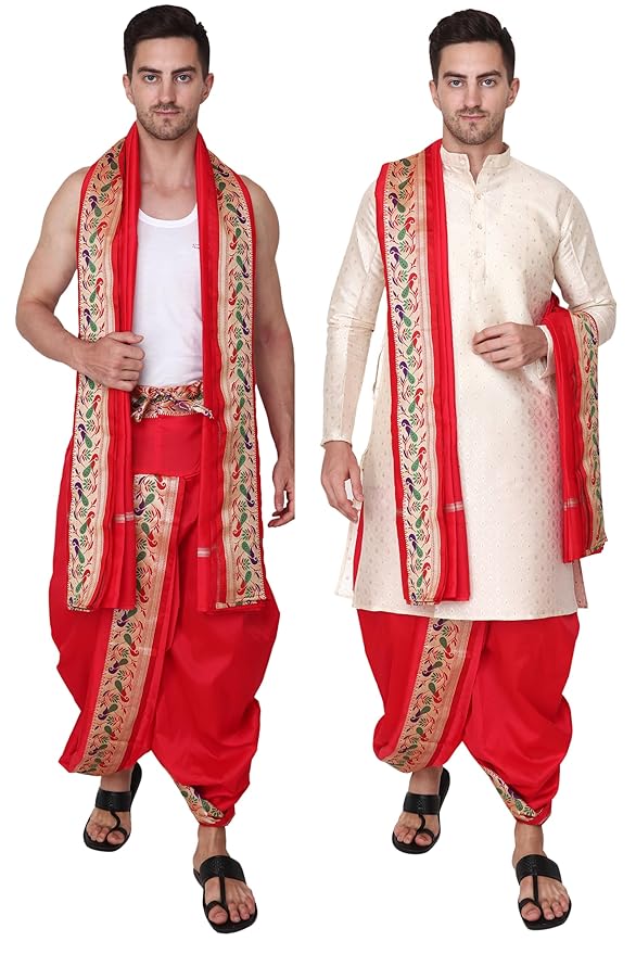 Rameshwaram Fabrics Kurta for Men with Readymade Dhoti with Stole Set