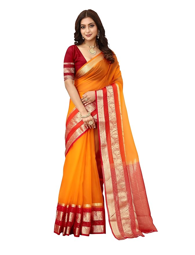 SUKETA Woven Banarasi Floral Design Soft Khadi Organza Silk Saree With Organza Blouse