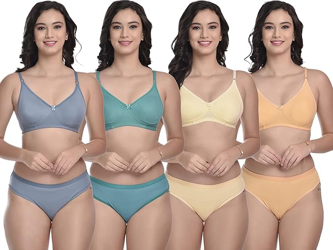 MiEstilo Essential Elegance Lingerie Set Full Coverage Non-Padded T-Shirt Bra and Matching Hipster Panty (Pack of 4; Green::Gold::Cream::Baby Blue) - Image 6