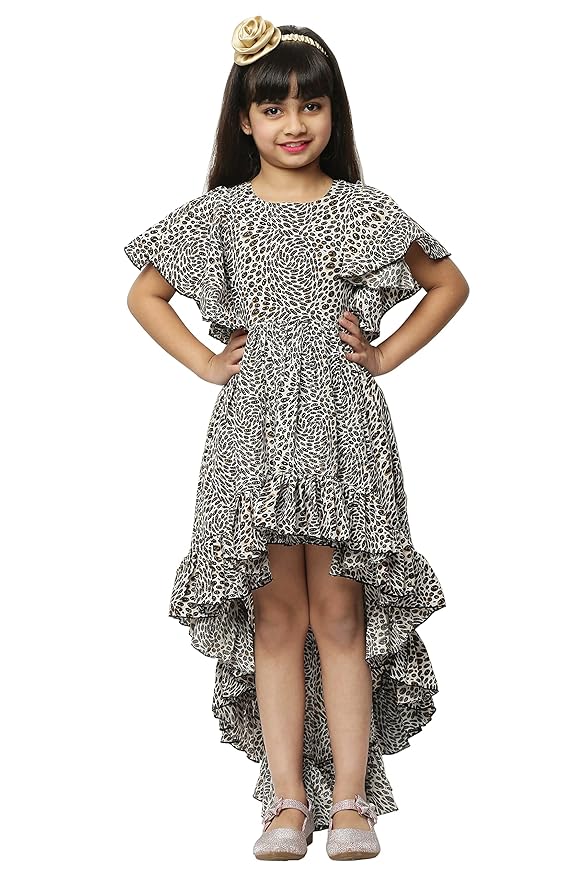 Shahina Fashion Girls' Casual High Low Dress Animal Print Summer Dress Multicolor Poly Crepe Kidswear Dress/Frock for Girls (SF2023002_6-7Years - Multi) Multicolour