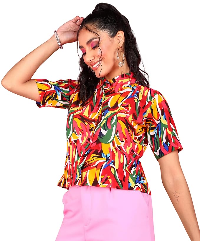POPWINGS Women Casual Red Leaf Printed Half Sleeve Shirt | Women Shirts | Women Trendy Shirts | Women Leaf Print Shirts | Women Shirts