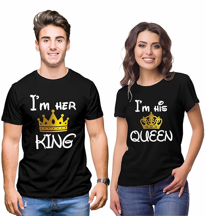 Hangout Hub Hangout-Hub850$P Couple T Shirts for Couples | Printed I Am Her King His Queen T-Shirt for Men Women Couples (Set of 2 | Regulat Fit | Cotton)