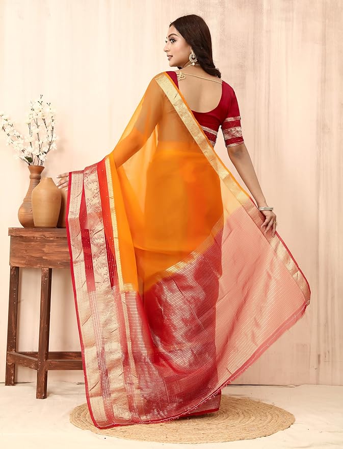 SUKETA Woven Banarasi Floral Design Soft Khadi Organza Silk Saree With Organza Blouse - Image 5
